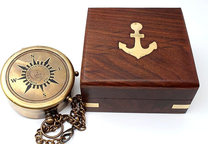 US HANDICRAFTS Home is Wherever Engraved Brass Compass with Wooden Case | Romantic Anniversary, Engagement, Wedding Gift for Boyfriend, Husband, & Loved Ones, for Him or Her