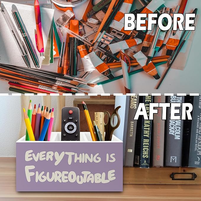 XPH Purple Inspirational Pen Pencil Holder Organizer for Desk, Inspirational Gifts for Women, Everything Is Figureoutable Motivational Wooden Box Sign for Home Office Desk Tabletop Decorations