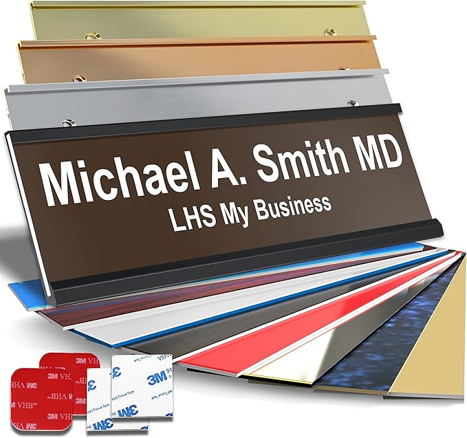 Custom Name Plate with Choice of Mounting for Walls, Doors, Desk Holders, Cubicles, Hanging and More - Personalized Brown Plastic White Letters - USA Made 2x8 - B25