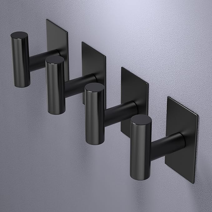 VAEHOLD Wall Towel Hooks, Heavy Duty Sticky Holder Waterproof Towel Hooks for Hanging Coat, Clothes, Closet Hook Wall Mount for Kitchen (Black, 2 Pack)