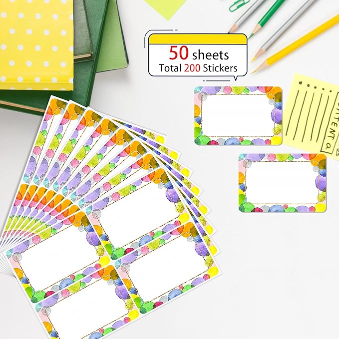 Wonmon 200 PCS Colorful Name Tags Stickers, Self Adhesive Watercolor Dot Style Name Tag Labels Stickers for Back to School Classroom Student Office Desk Cubby Locker Themed Party, 2x3 inch