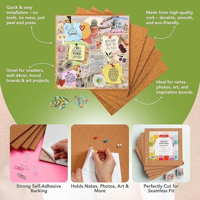 Incraftables Cork Board Tile Squares – 5 Piece 12x12 Self-Adhesive Squares for Bulletin Boards, Wall Corkboards, Vision Boards, Pin Boards, Office & Craft Projects