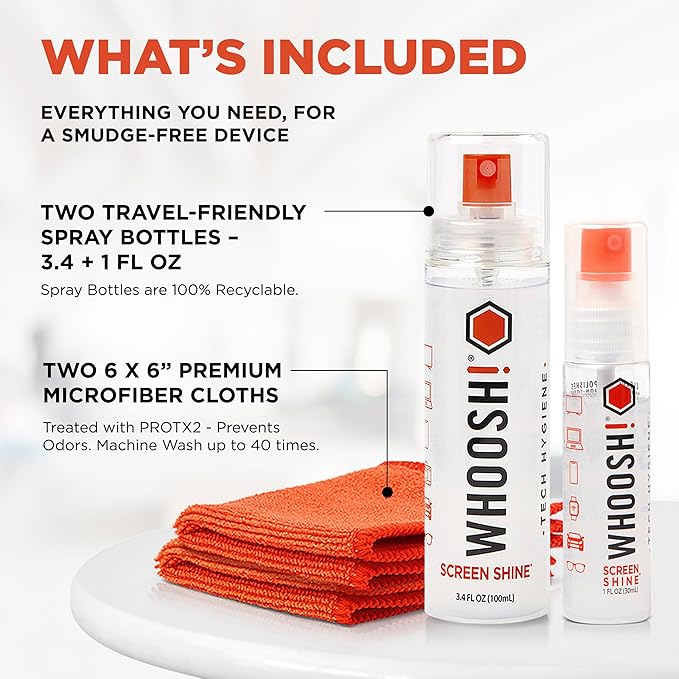 WHOOSH! Screen Shine Duo XL - Screen Cleaner Spray and Wipe for Eyeglasses, Phone & Laptop - Removes Fingerprints - Includes 3.4 oz + 1 oz Leak-Free Bottles & 2 Microfiber Cloths for Home & Travel