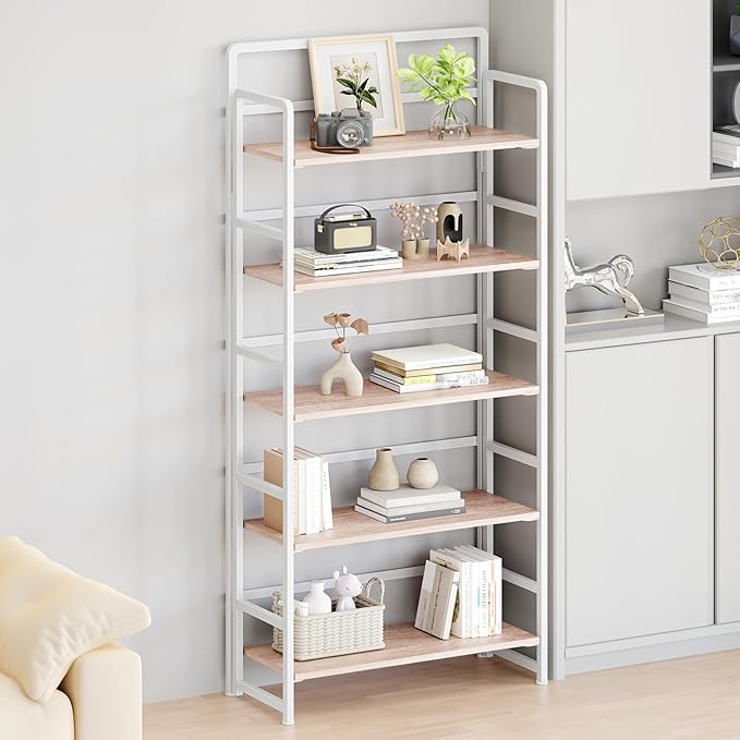 THKKY No Assembly Folding Bookshelf, 5 Tiers Collapsible Book Shelf for Home Office, Vintage Wood Foldable Bookcase Storage Organizer for Living Room Bedroom (Beige)
