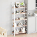 THKKY No Assembly Folding Bookshelf, 5 Tiers Collapsible Book Shelf for Home Office, Vintage Wood Foldable Bookcase Storage Organizer for Living Room Bedroom (Beige)