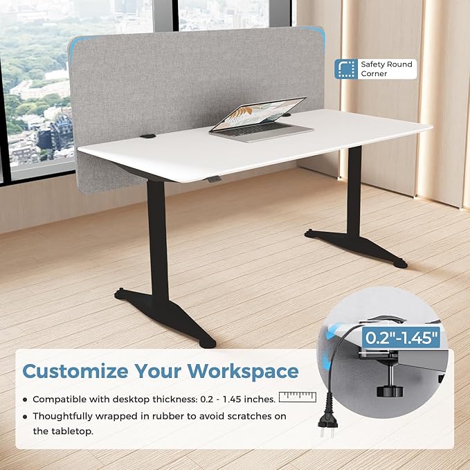 MORDEER 47.2" Privacy Desk Divider Panel, Acoustic Divider Panels for Office, Clamp-on Cubicle Office Room Dividers, Easy Assemble, Light Grey