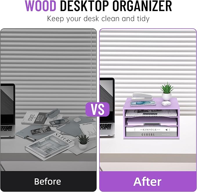 SHARKWOODS Wood Desk Organizer, 3 Tier Paper Tray Organizer for Desk with Adjustable Storage Shelves, Desktop File Organization Paper Sorter Mail Holder for Office Home Classroom, Purple