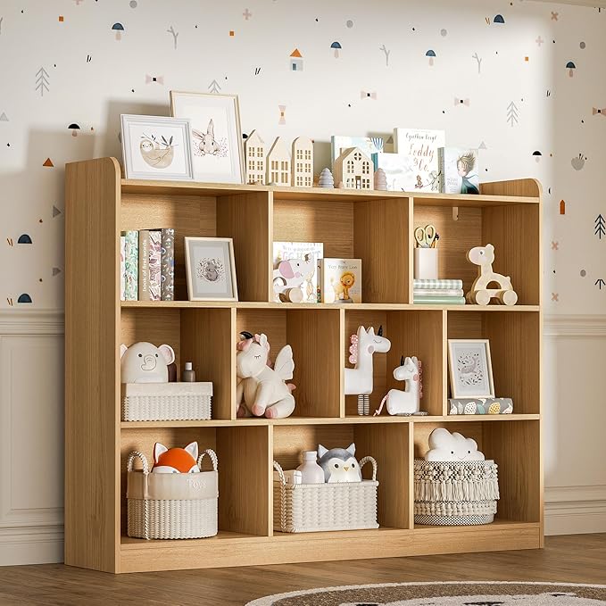DIYART Oak Bookshelf, Wood Bookcase with 3 Tier Open Shelves, 10-Cube Minimalist Storage Shelf for Living Room, Bedroom, 43.3" W x 35.4" H