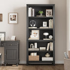 IDEALHOUSE 71" Farmhouse Bookshelf w/Adjustable Shelves & 31.5 in Whidth, 5 Tier Tall Bookshelf with Wooden Legs, Vintage Wooedn Book Shelf for Living Room Office (Black, 71.3" H x 31.5" W x 11.8" D)