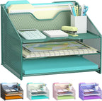 Samstar Green Desk File Organizer, Mesh Letter File Folder Holder with 3 Paper Trays and 2 Vertical Upright Section, for Office Supplies, Desk Accessories & Workspace, Green