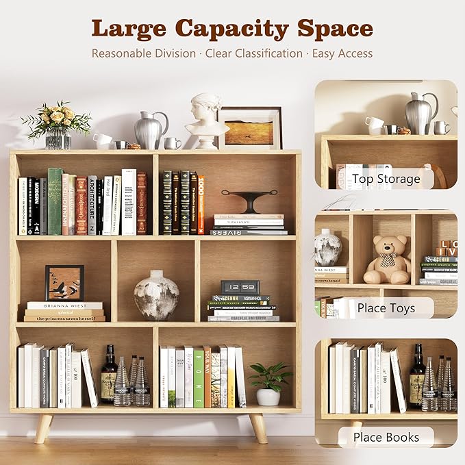 Shintenchi Cube Storage Organizer, 3 Tier Mid-Century Bookcase with Legs Cubeicals Retro Wood Organizer Storage Bookcase, Freestanding Open Book Shelves for Bedroom,Living Room,Office(Natural)