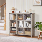 Joaxswe 9 Cube Bookcase, Farmhouse 47 Inch Wide Grey Oak Bookshelf, Wooden 3 Tier Display Large Open Book Shelf, Vintage Horizontal Book Case for Home Office, Cubby Storage Cabinet for Living Room