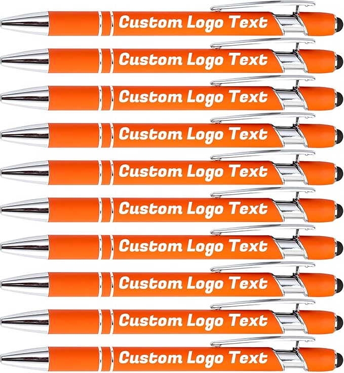 HEYZARDA Personalized Pens with Name Text Logo Custom Ballpoint Pen for Business Office Events with Stylus for Touchscreen 10 Pcs Orange