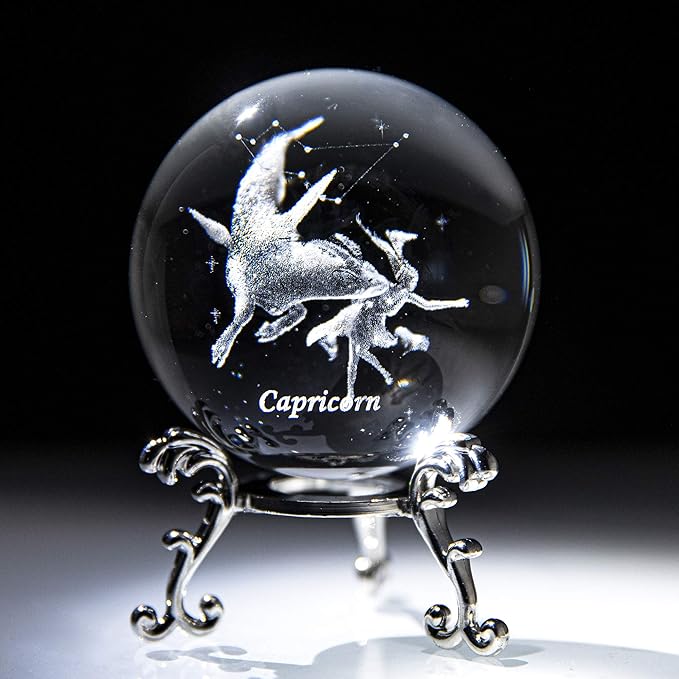 3D Laser Constellation Ball Crystal Paperweight Full Sphere Glass Fengshui with Sliver-Plated Flowering Stand(Capricorn)