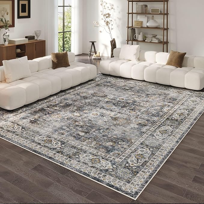 Rugcomf Area Rug 5x7 Washable Rug Boho Soft Non-Slip Non-Shedding Faux Wool Vintage for Living Room, Bedroom Rug, Farmhouse, Dining Room, Indoor, Kids Playroom (Grey)