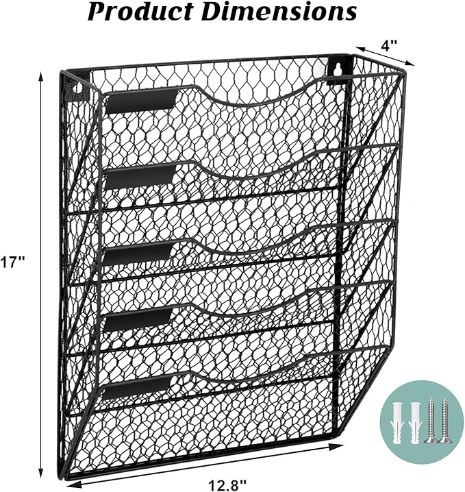 EASEPRES Mail Organizer Wall Mount, 5 Tier Metal Chicken Wire Hanging File Holder Office Storage and Organization