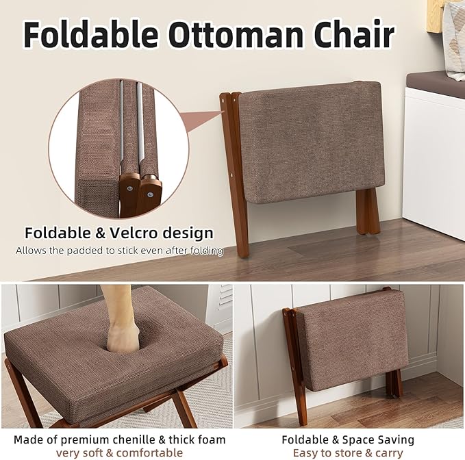BAMBOOHOMIE Foldable Foot Stool Ottoman, Modern Foot Rest with Bamboo X Legs & Thick Foam Cushion, Folding Foot Stools Small Padded for Bedroom Living Room, Footstool for Chair Couch (Brown - Brown)