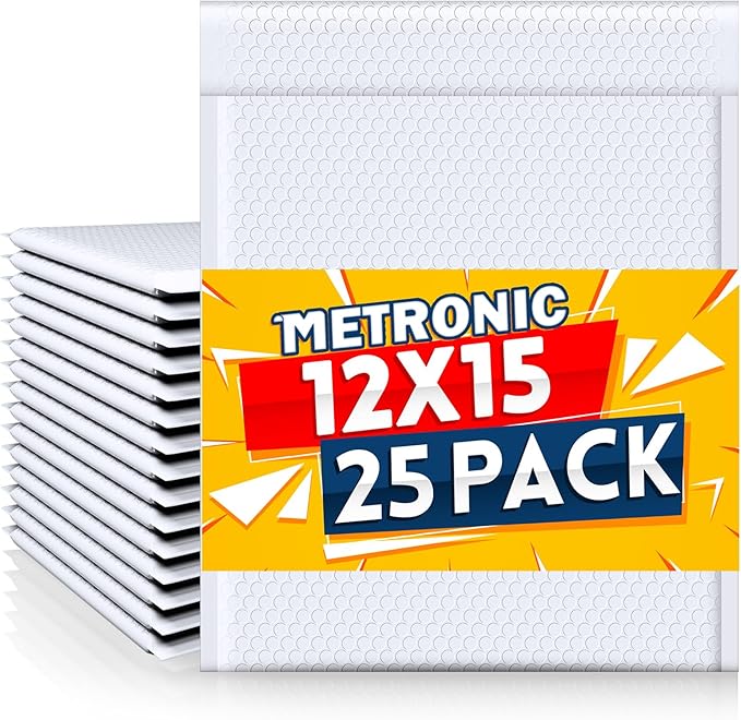 Metronic Large Bubble Mailers 12x15 Inch 25 Pack Waterproof Padded Envelopes White Bubble Envelopes Opaque Cushioning Mailer for Shipping Clothes, Books,Jewelry Makeup Supplies
