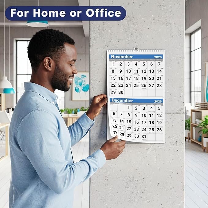 Dunwell 2026 2-Month Wall Calendar, Blue, Monthly Hanging Calendar with Large Bold Numbers, Easy to Read, Jan–Dec 2026, 11x17 Open, Ships Folded