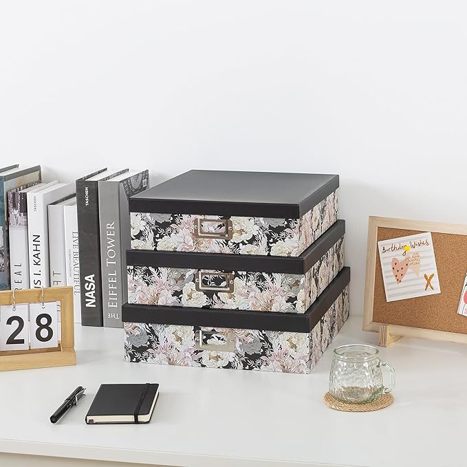 Soul & Lane Decorative Storage Boxes with Lids for Organizing, Set of 3 Floral Jumbo Scrapbook Letter Storage Boxes for Documents, Photos, Keepsakes, Memories, Garden Noir
