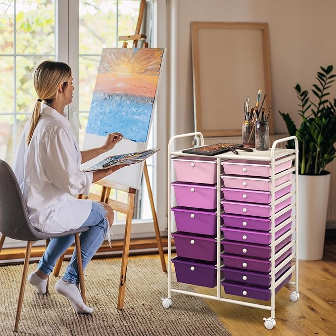 LDAILY 15 Drawer Rolling Storage Cart, Rolling Cart with Drawers for Classroom, Art Supply Craft Organizer on Wheel with Metal Frame & Handles for Home Office School