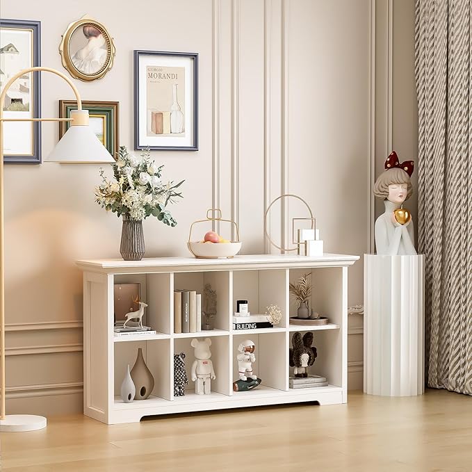 OSCHF Cube Shelf Bookcase with Base - Wooden 2 Tiers Floor Standing Low Storage Cabinet for Home and Office, 8-Cube Lattice Bookshelf, Warm White