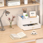 Bamboo Desk Organizer with Drawers Wooden Desktop Storage Drawers for Bills Office Supplies Kitchen Utensils Organizing Tool for Home Classroom Organization No Assembly (2 Drawers, White)
