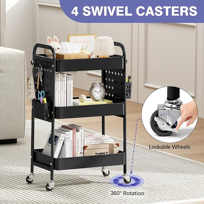 KINGRACK 3 Tier Rolling Cart with DIY Hanging Board, Metal Rolling Utility Cart with Wheels Handles Baskets Hooks, Rolling Storage Cart Suitable for Bathroom, Kitchen, Office, Nursery Diaper (Black)