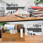 Flexzion 3 Tier Wooden Desk Organizer - Country Rustic Compartments Slot File Tray Pencil Sorter Shelf Holder Supplies Rack Accessories Set with Storage Drawer for Desktop Tabletop Office Home Brown