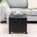 Adeco Modern Leather Ottoman with Wheels, 18.8" Black Square Rolling Ottoman with Storage, Upholstered Button Tufted Vanity Stool with Hinged Lid for Living Room, Bedroom, Dorm