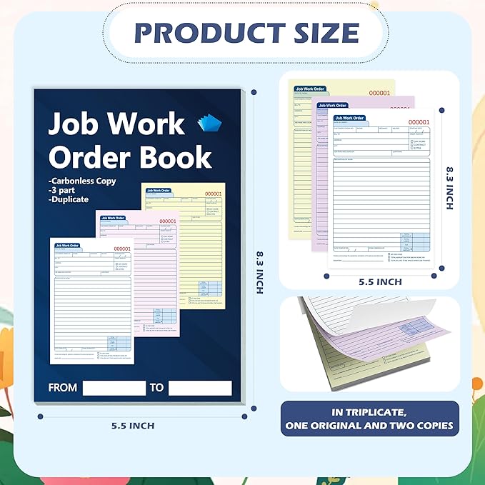 50 Sets Job Work Order Form Book 3 Part Carbonless Work Order Invoice Book 5.5 x 8.3 inch Job Order Forms with Numbers and Tear Off Top with Hard Backing for Business Service (1)