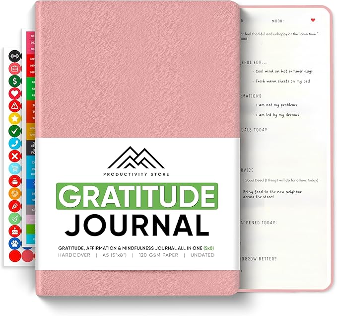 Gratitude & Self-Care Journal - Guided Mindfulness & Mental Health Journal All-in-One with Prompts for Self Discovery - Daily Journal for Men & Women by PRODUCTIVITY STORE (A5, Pink)