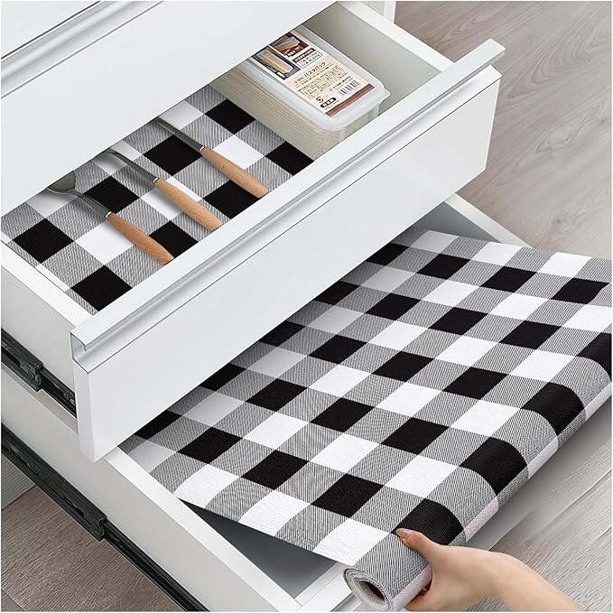 ALIUNI Drawer and Shelf Liner, Non-Slip Kitchen Cabinet Liners Non-Adhesive Thick Strong Grip Waterproof Washable Mats Protect Dresser Shelves Cupboard Bathroom Cabinets, Buffalo Plaid, 12 in X 30 FT