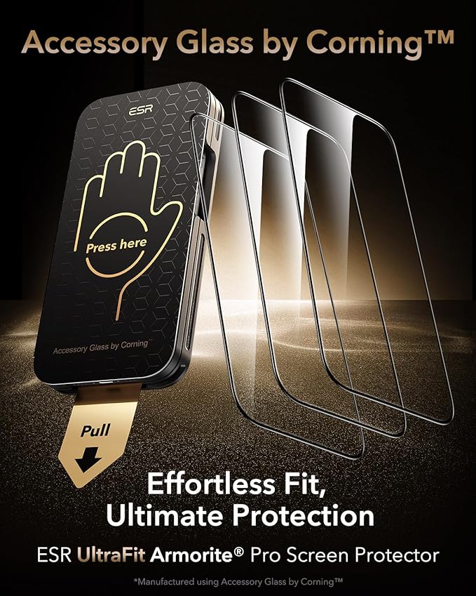 ESR Accessory Glass by Corning™ 3 Pack 9H+ Glass for iPhone 17/iPhone 16 Pro Screen Protector, with AR Anti-Reflective Technology, Military Grade Shatterproof & Durable with UltraFit Tray