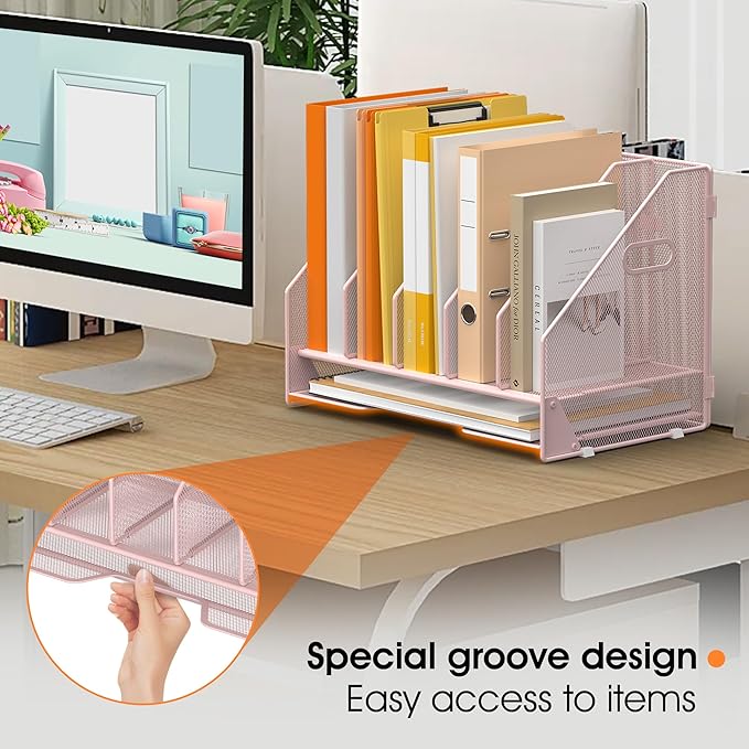 OrgMate Desk File Folder Holder Organizer-5 Vertical Compartments Racks and Paper Letter Tray,Mesh Magazine File Holder Sorter,Desktop Accessories & Workspace Organizers for Home,Office,School-Pink