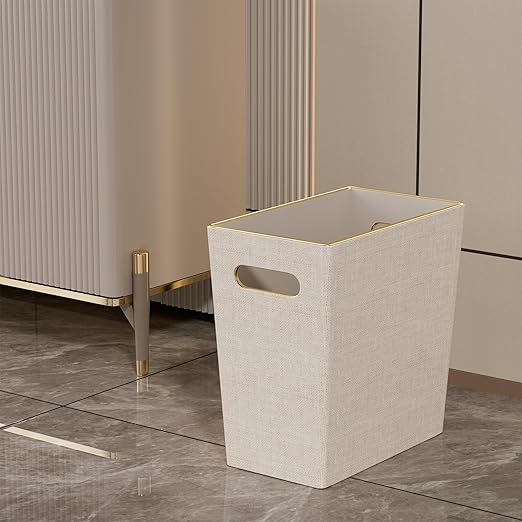 Beige White Trash Can Waste basket,3/4 Gallon Office Pu Leather Wastebasket with Gold-Tone Edging Decoration for Bathroom, Garbage Cans for Toilet Bedroom Living Room, Office home modern decor