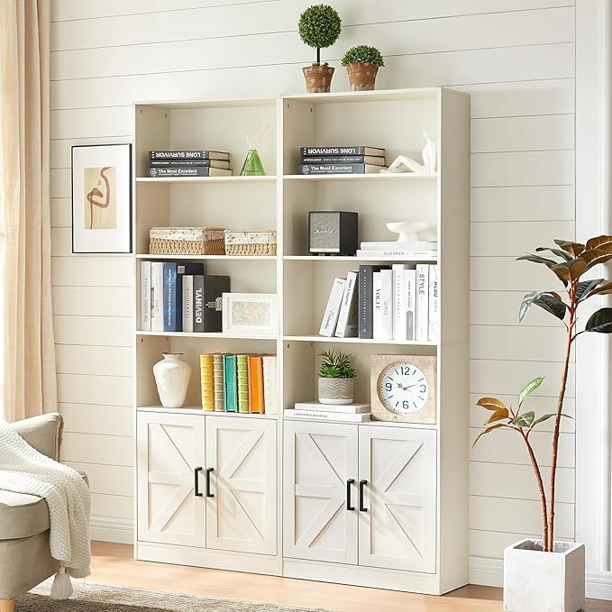 RWYHG 70in Tall Bookshelf 6 Tier Bookcase with Barn Doors and Adjustable Shelf, White Farmhouse Book Shelves with Storage Cabinet,Wood Floorstanding Display Bookshelve for Bedroom,Living Room,2 Piece