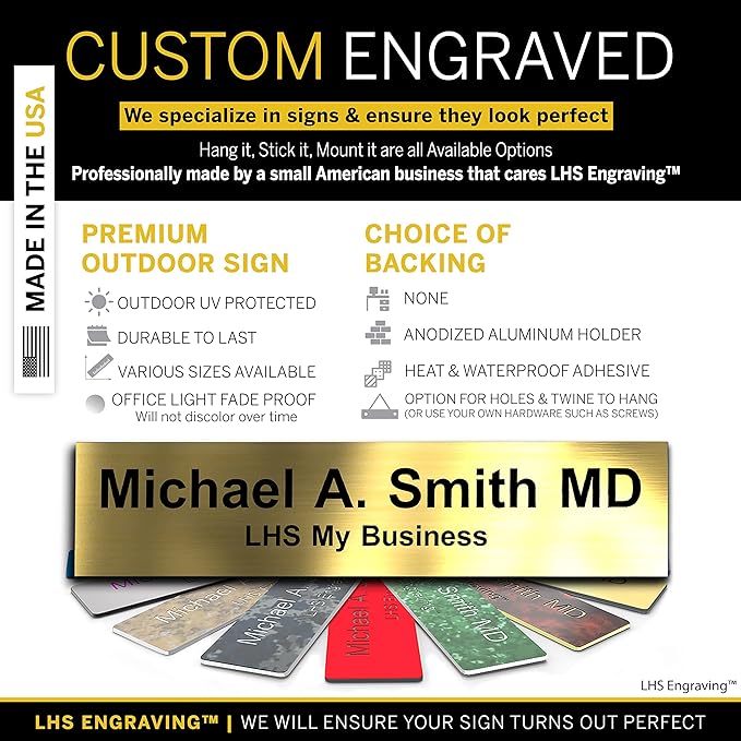 Personalized Name Plate with Choice of Mounting Holders for Walls, Doors, Cubicles, Hanging and More - Custom Brushed Brass Plastic Black Letters - USA Made 2x12 - M6