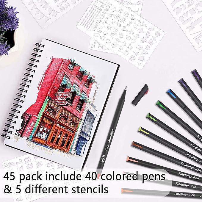 Tebik 45 Pack Planner Colored Pens, 40 Colors Pens with 5 Stencils, Fineliners for Journal Planner Note Calendar Writing Coloring, Drawing, School Office Art Supplies