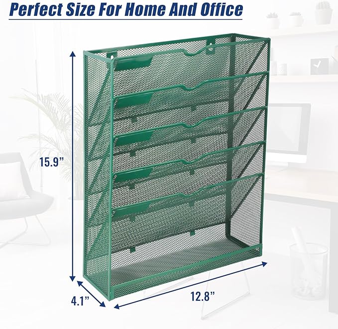 EASEPRES 6 Tier Desk File Organizer, Mesh Hanging Wall Mount Document Organization Stand, Desktop Vertical Mail Paper Folder Holder Rack with Bottom Tray for Office Cubicle, Sides Closed, Dark Green