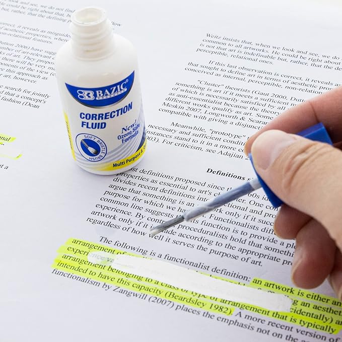 BAZIC Products Correction Fluid (0.7 oz / 20 ml), Soft Bristle Brush Applicator, Instant Corrections Pen White Out Wipe Out Liquid (2/Pack), 2-Packs