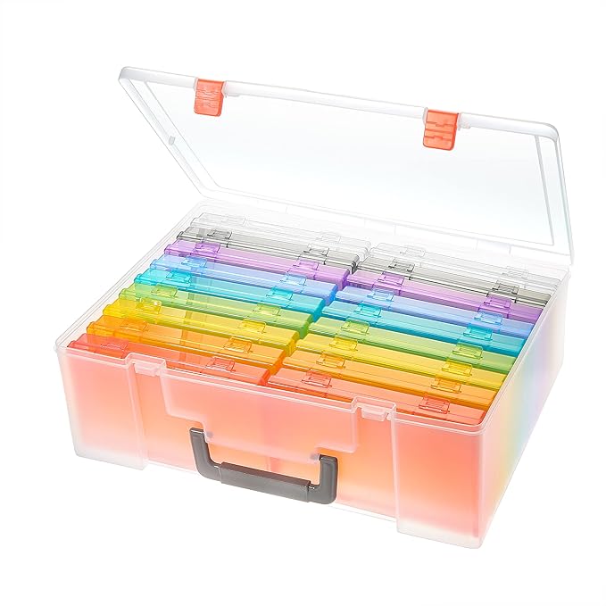 Photo Storage Box 4x6, 18 Inner Photo Case Large Photo Organizer Acid-Free Photo Box Storage Photo Keeper Photo Storage Case, Plastic Craft Storage Box for Photo Stickers Stamps Seeds (9 Colors)