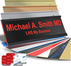 Custom Name Plate with Choice of Mounting for Walls, Doors, Desk Holders, Cubicles, Hanging and More - Personalized Black Plastic Red Letters - USA Made 2x8 - B19
