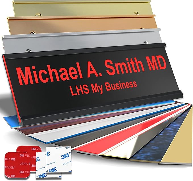 Custom Name Plate with Choice of Mounting for Walls, Doors, Cubicles, Hanging and More - Personalized Black Plastic Red Letters - USA Made 2x10 - B19