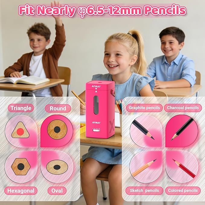 AFMAT Electric Pencil Sharpener, Fully Automatic Pencil Sharpener, Auto in & Out, Rechargeable Hands-Free Sharpeners for Jumbo & Colored Pencils (6.5-12mm), Portable for Home/Classroom/Office PSC6
