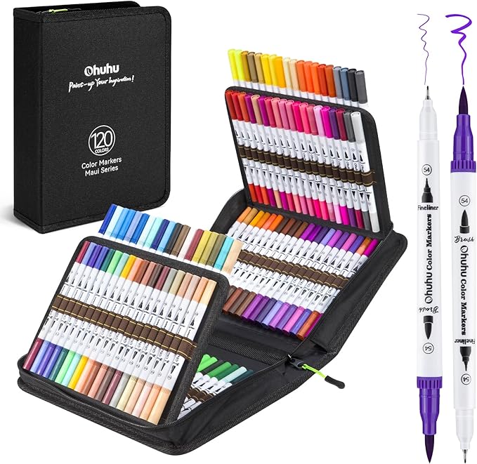 Ohuhu Markers for Adult Coloring Books No Bleeding 120 Colors Water-based Dual Tips Fineliner & Brush Coloring Markers for Kids Adults Beginners Drawing Pens for Journaling Lettering - Maui - White
