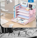 OPNICE Desk Organizer, 5-Tier Paper File Organizer with Drawer & Pen Holder, Office Desk Accessories, Workspace Desktop Organizer for Office Supplies(Pink)