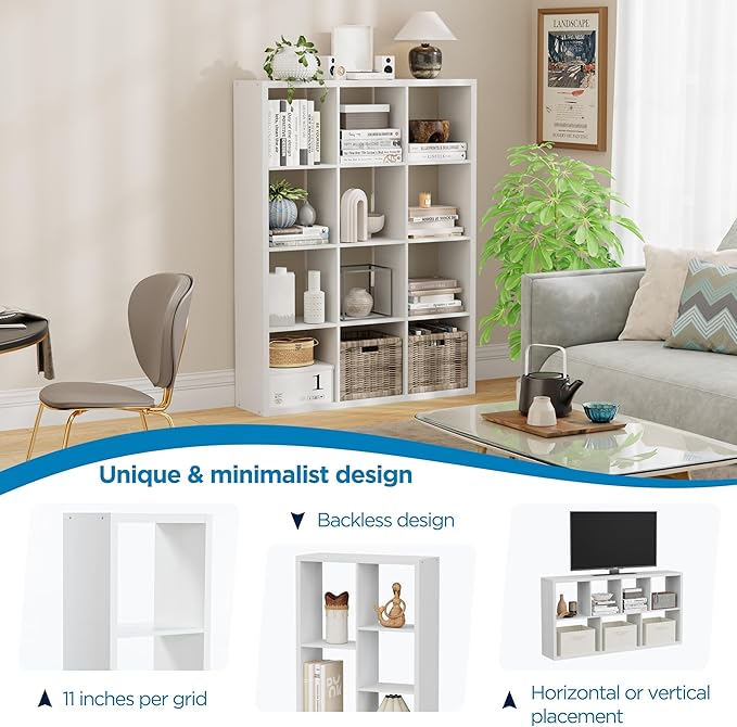 Jpiziso 12-Cube Storage Organizer, Wooden Cube Shelf Bookcase with Reinforced Thick Shelves, Heavy-Duty 36.93" L x 9.37" W x 48.82" H, for Living Room Bedroom Home Office, White