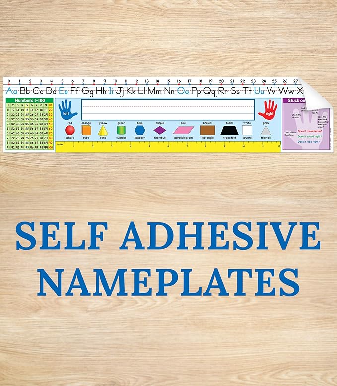 Carson Dellosa Education 30PC Quick Stick Name Plate Set offers alphabet charts, number lines, a 100 chart, a ruler, and clear labels that support organized desks and help students develop skills well