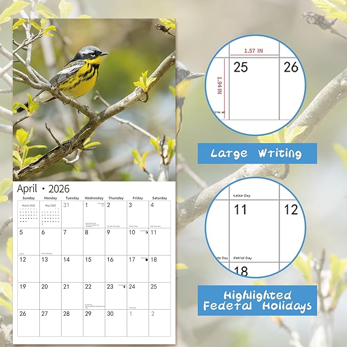 windrio 2026 Wall Calendar, Calendar 2026, November 2025 - December 2026, Wall Calendar Song Birds, 12" x 24" Opened,Full Page Months Thick & Sturdy Paper for Calendar Organizing & Planning